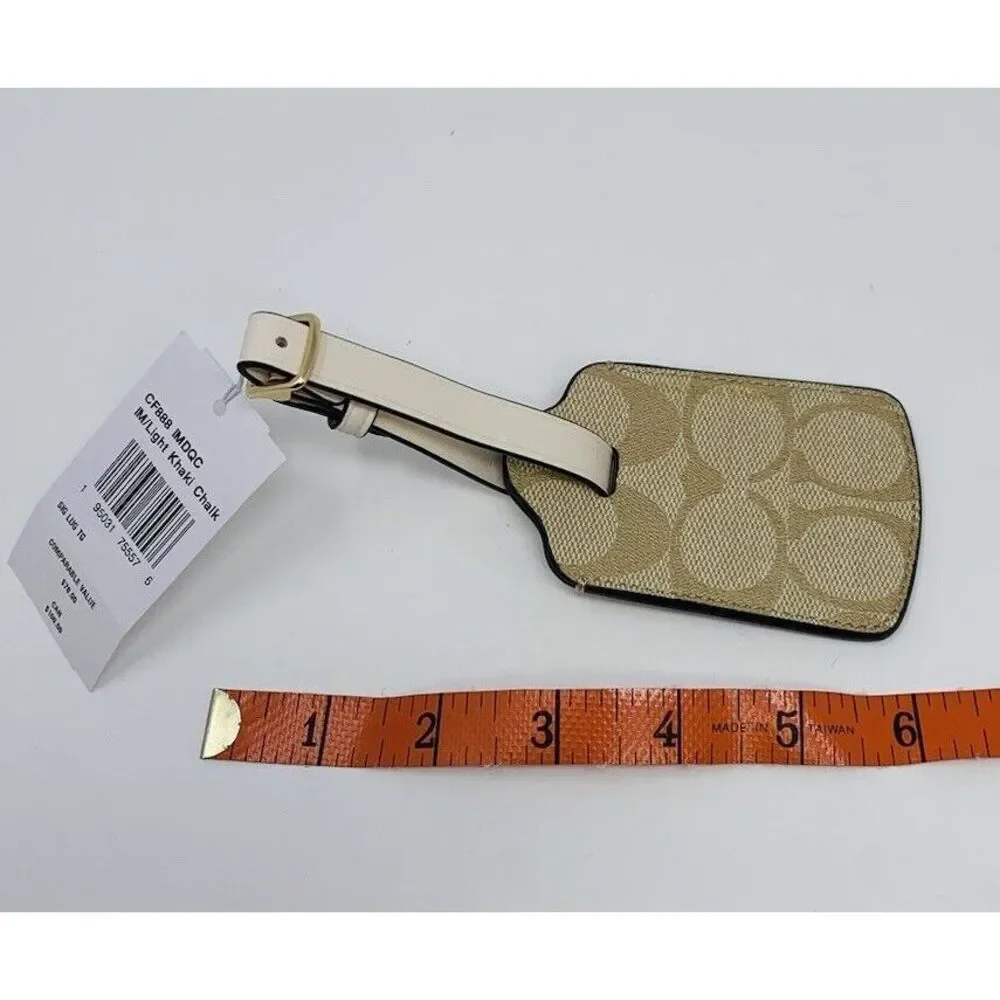 COACH Signature Canvas Luggage Tag Smooth Leather CF888 Gold Light Khaki Chalk